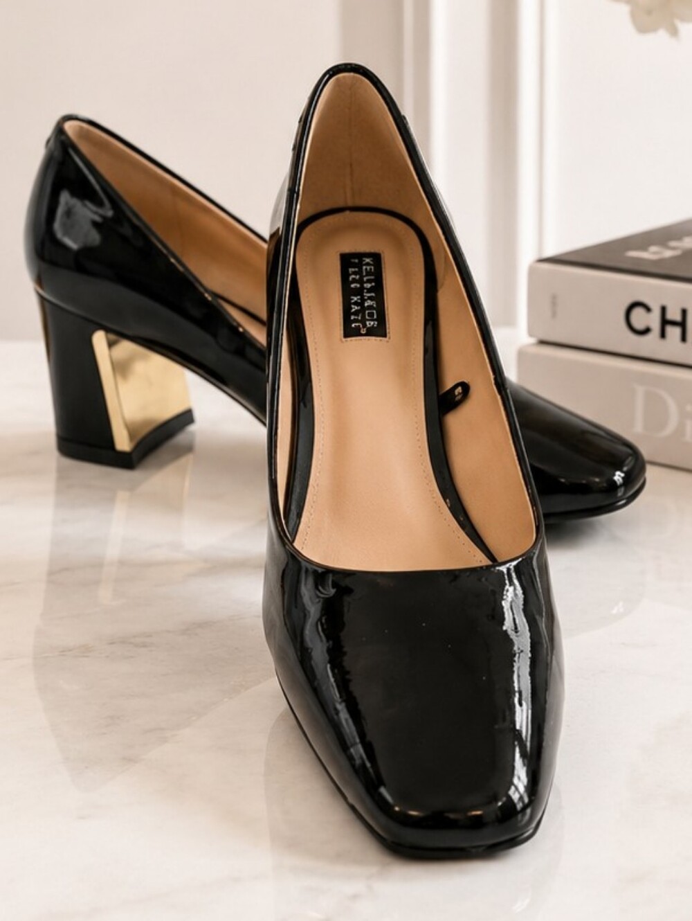 Jones New York FauxBlack Patent Leather Pumps | Gold Accent Block Heel Shoes 8.5